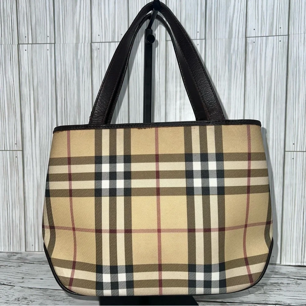 Burberry Vintage Nova Check Tote Bag Brown Leather Trim Plaid Shoulder Handbag